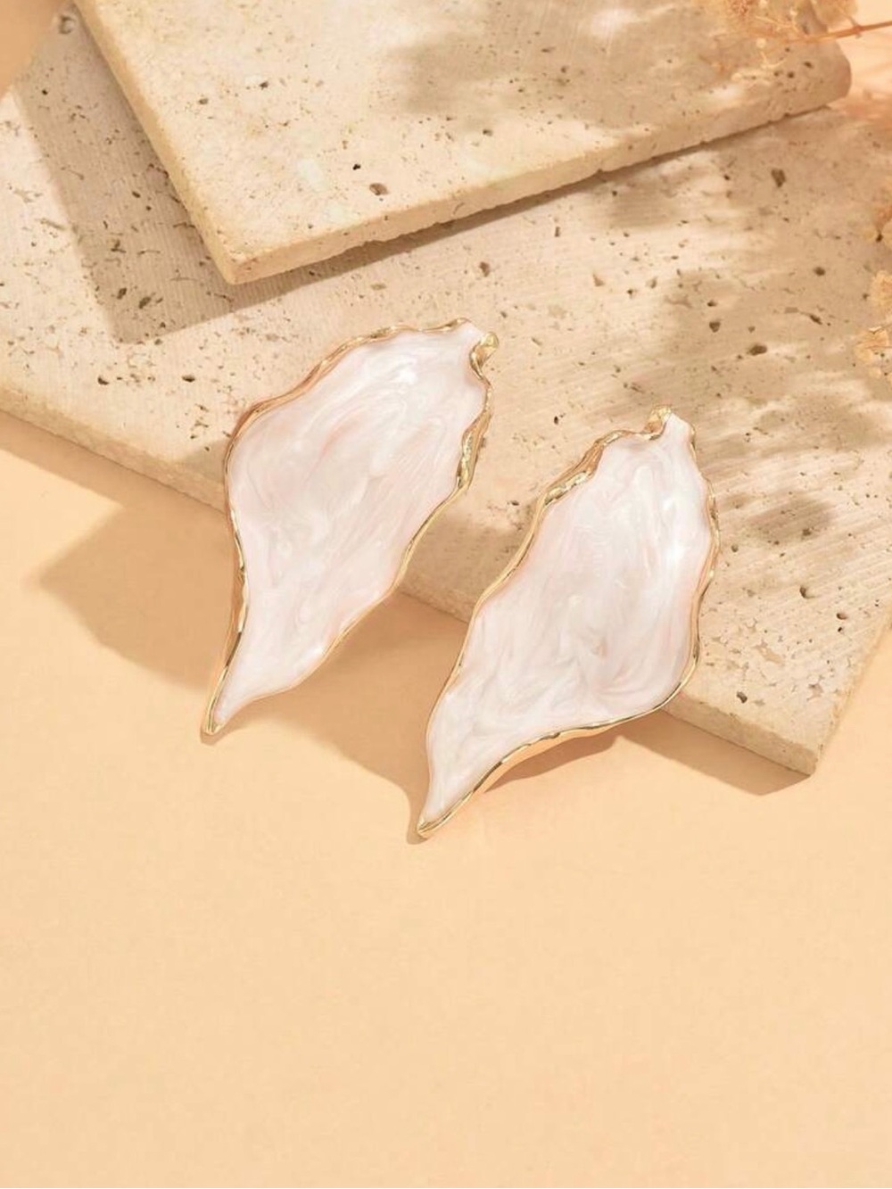 White Pearlescent Leaf Drop Earrings with Gold Edge